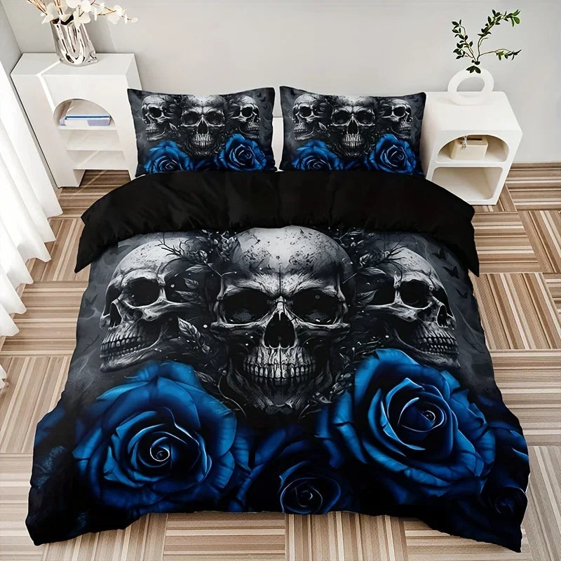 ensemble literie gothique crânes roses bleues housse couette taies oreillers noir gris bleu chambre