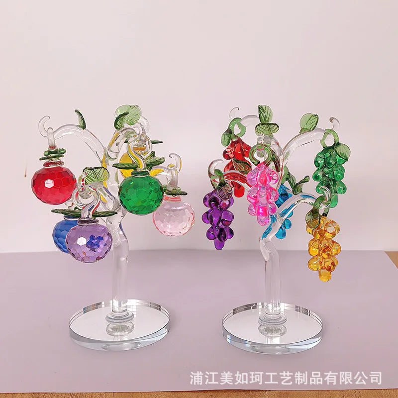 décoration arbre fruits pommes raisins feuilles verre transparent base métal argente