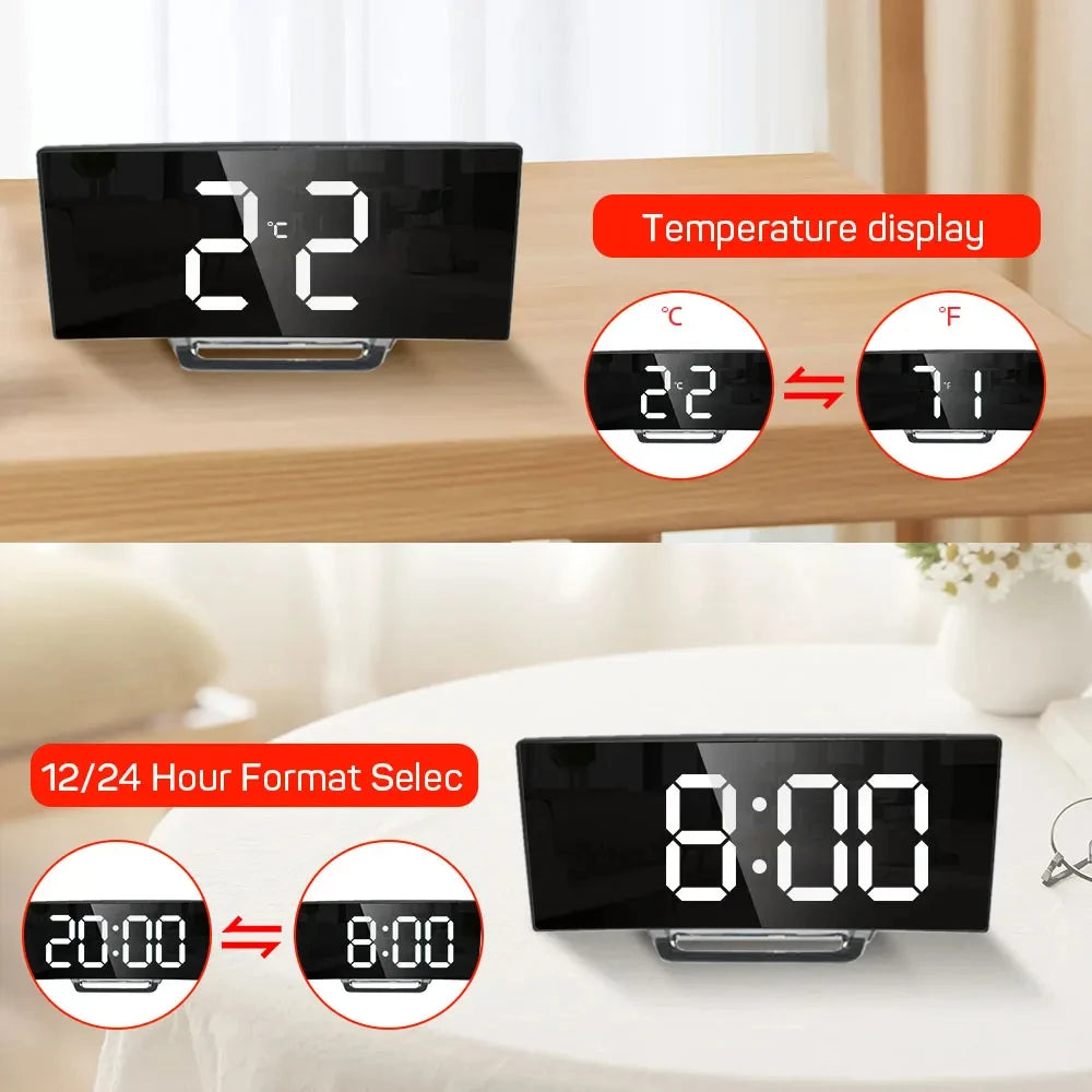 réveil numérique horloge miroir moderne minimaliste noir vert écran led température heure veille luminosité