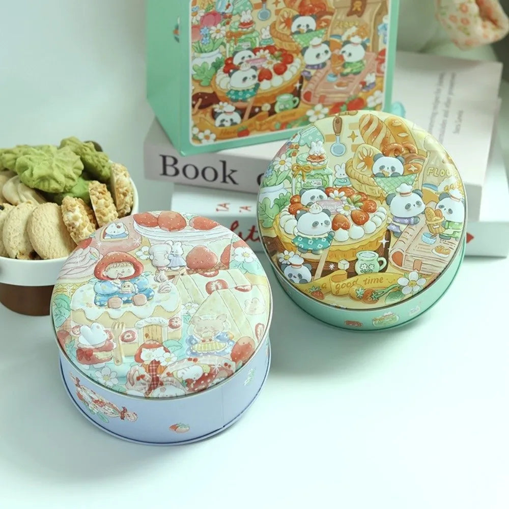 boîtes rondes métal dessin animé ours lapins fruits cuisine beiges vertes roses