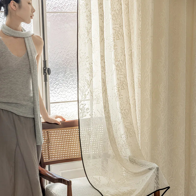 rideau tulle brodé beige semi transparent classique maison européen américain