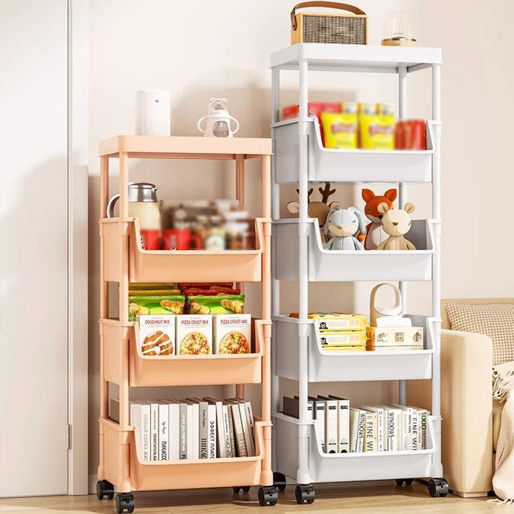 chariot rangement blanc moderne roulette double étage cuisine organisation produits ménagers livres jouets support