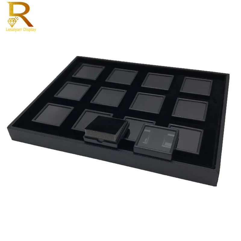 boîtes bijoux velours noir gris 24 compartiments grands compartiments contemporains adhésifs exposicionnement magasin