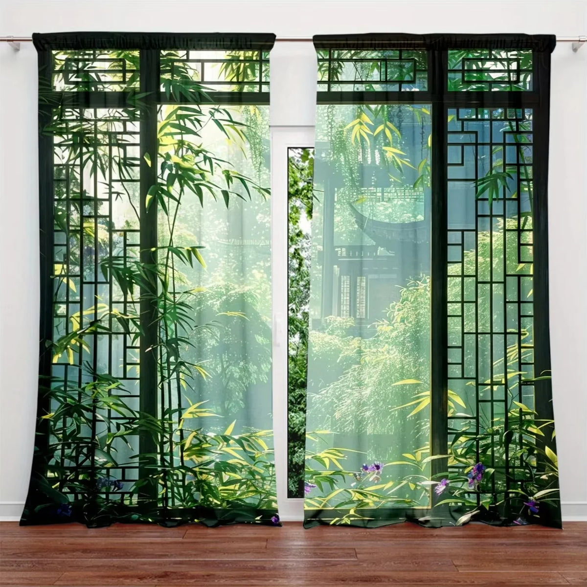 rideau vert bambou semi transparent moderne fenêtre imprimé oriental intimité décoration salon fêtes