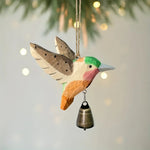 pendentif oiseau suspendu bois artisanal cloche métallique vert rose marron origami rustique