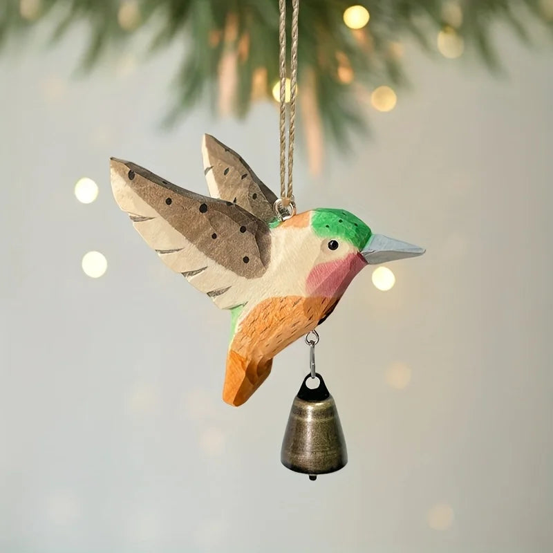 pendentif oiseau suspendu bois artisanal cloche métallique vert rose marron origami rustique