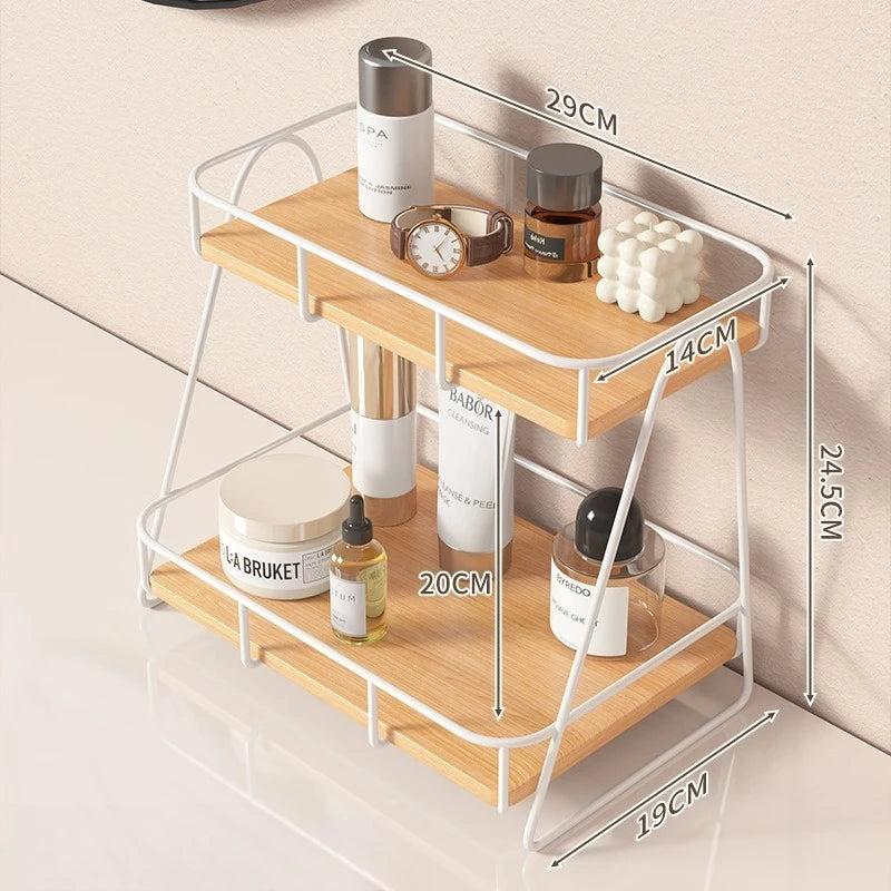 étagère deux niveaux bois marron clair métal noir moderne minimaliste bouteilles cosmétiques horloge parfum