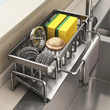 rangement évier porte éponge savon panier filtrant égouttoir multiple usage moderne cuisine inox noir