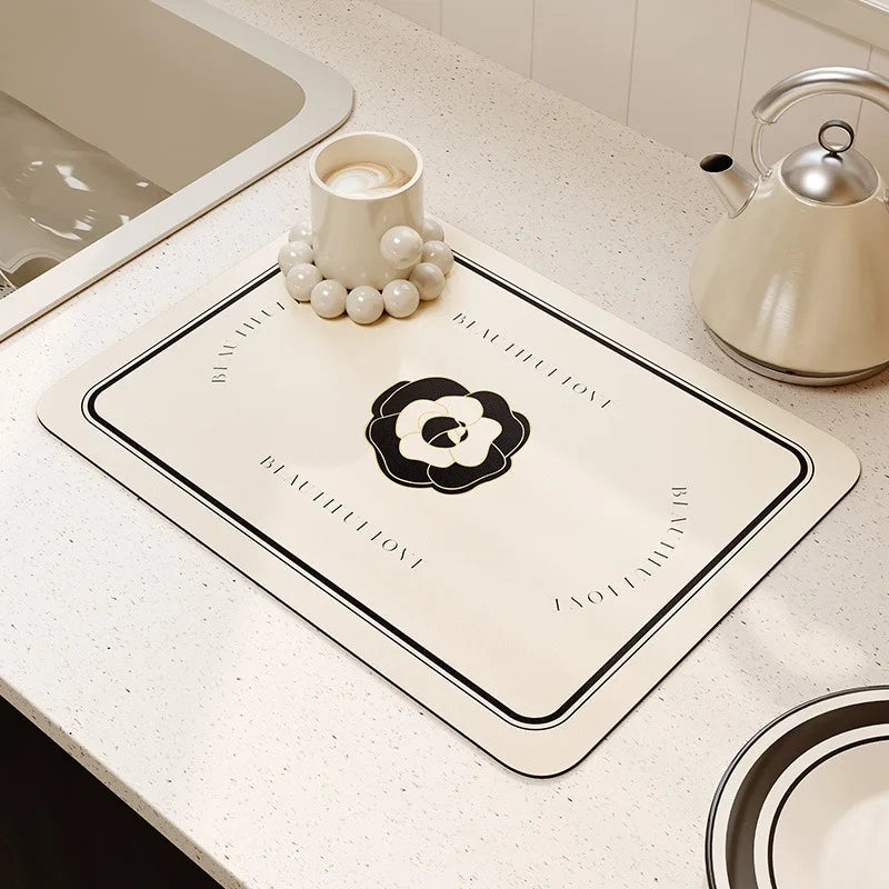 tapis cuisine séchage vaisselle diatomée rectangulaire motif fleurs moderne beige noir élégant