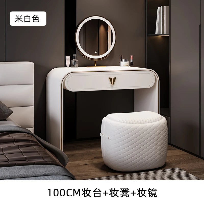 coiffeuse moderne maquillage miroir lumineux tabouret compartiments tiroirs étagère arrière beigeclair minimaliste