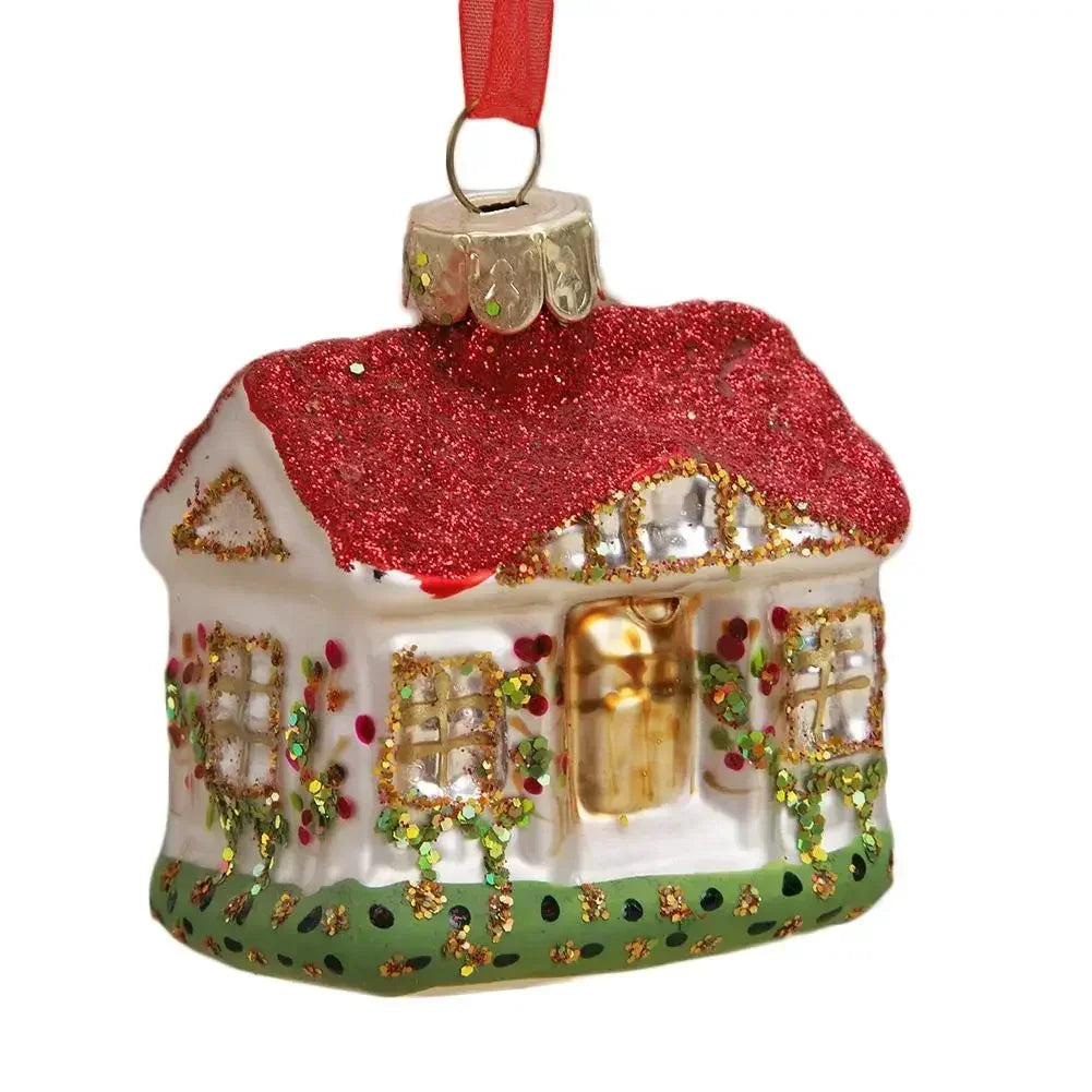 Ornement de sapin maison de Noël en verre rouge détaillé