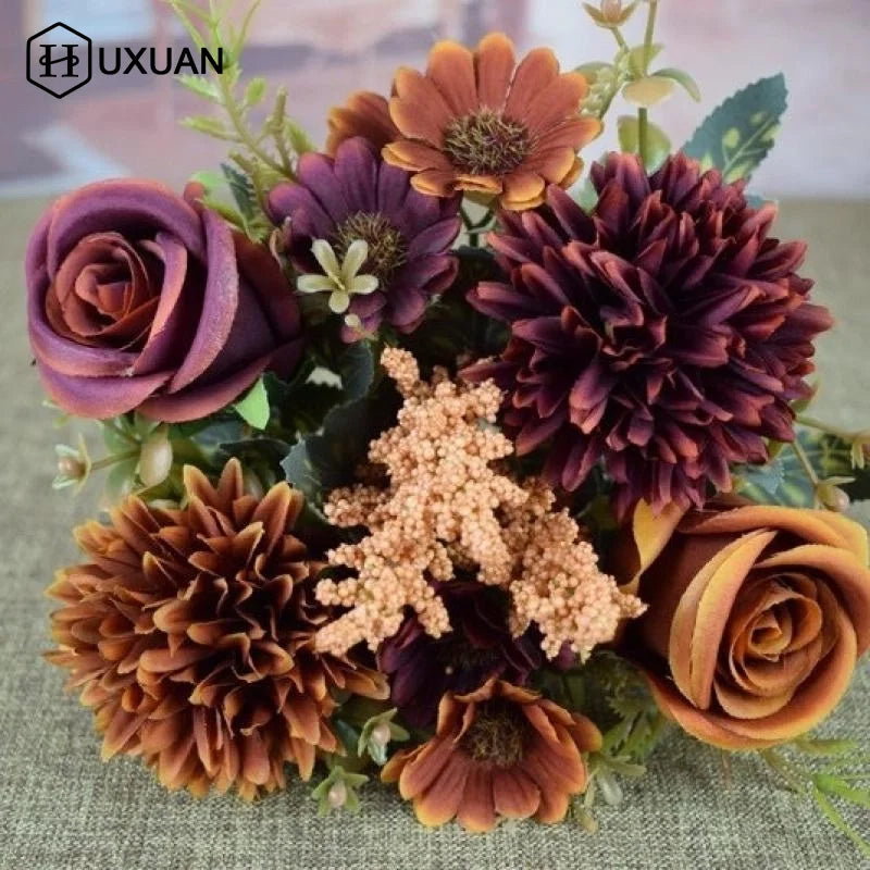 bouquet fleurs artificielles vintage intérieur décoration maison rouge blanc rose orange marron