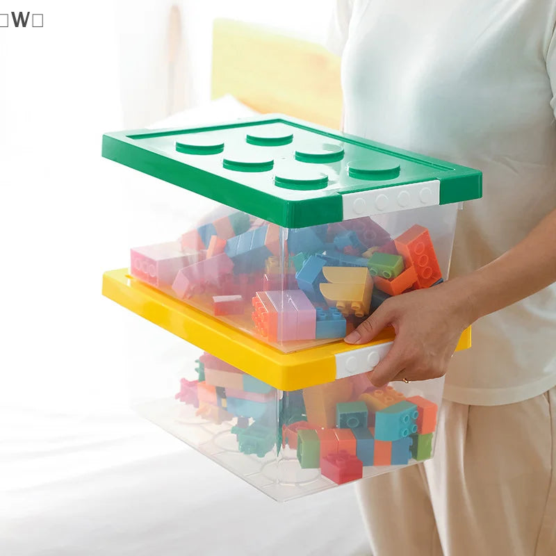 boîtes rangement transparentes couleurs variées motif construction poignées détachables jouets organisateurs contemporains pratiques