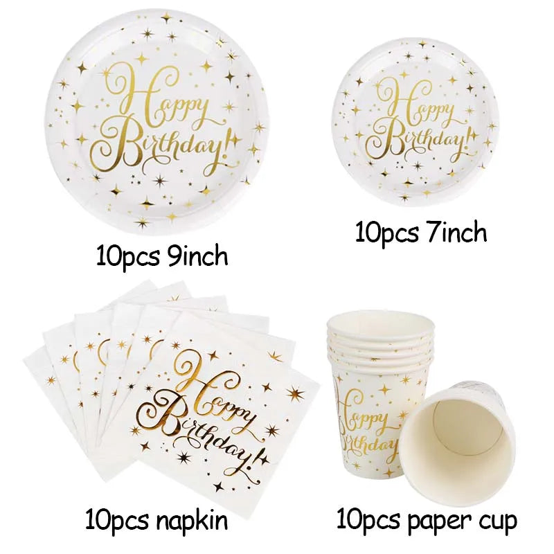 vaisselle jetable fête anniversaire étoiles dorées assiettes gobelets serviettes nappe