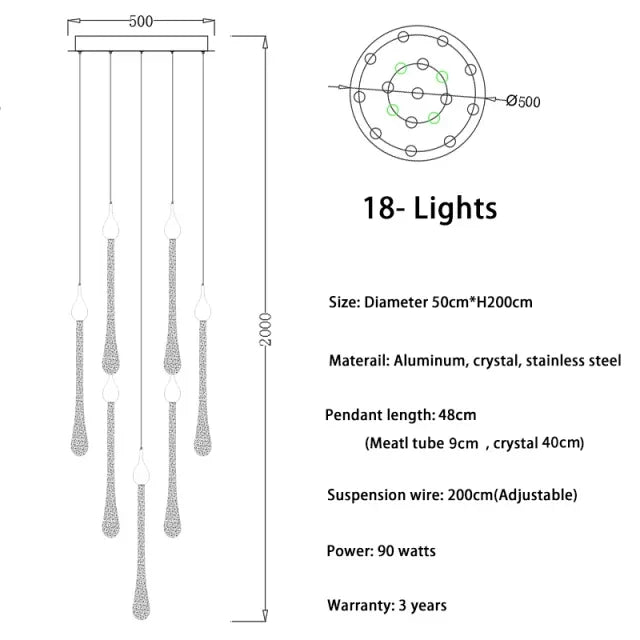 suspension lumineuse or gouttelettes contemporaine 18 lumières spiral transparent élégante