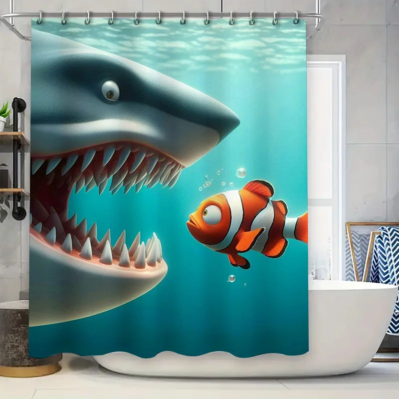 Une image illustrant un rideau de douche unique, imprimé d'un design de poissons cartilagineux aux ailerons détaillés, relevant de la biologie marine. Les couleurs vives et les formes précises des poissons créent un contraste saisissant sur le fond du rideau. Idéal pour les amateurs de la vie marine et une façon ludique d'ajouter une touche d'originalité à la décoration de votre salle de bain.