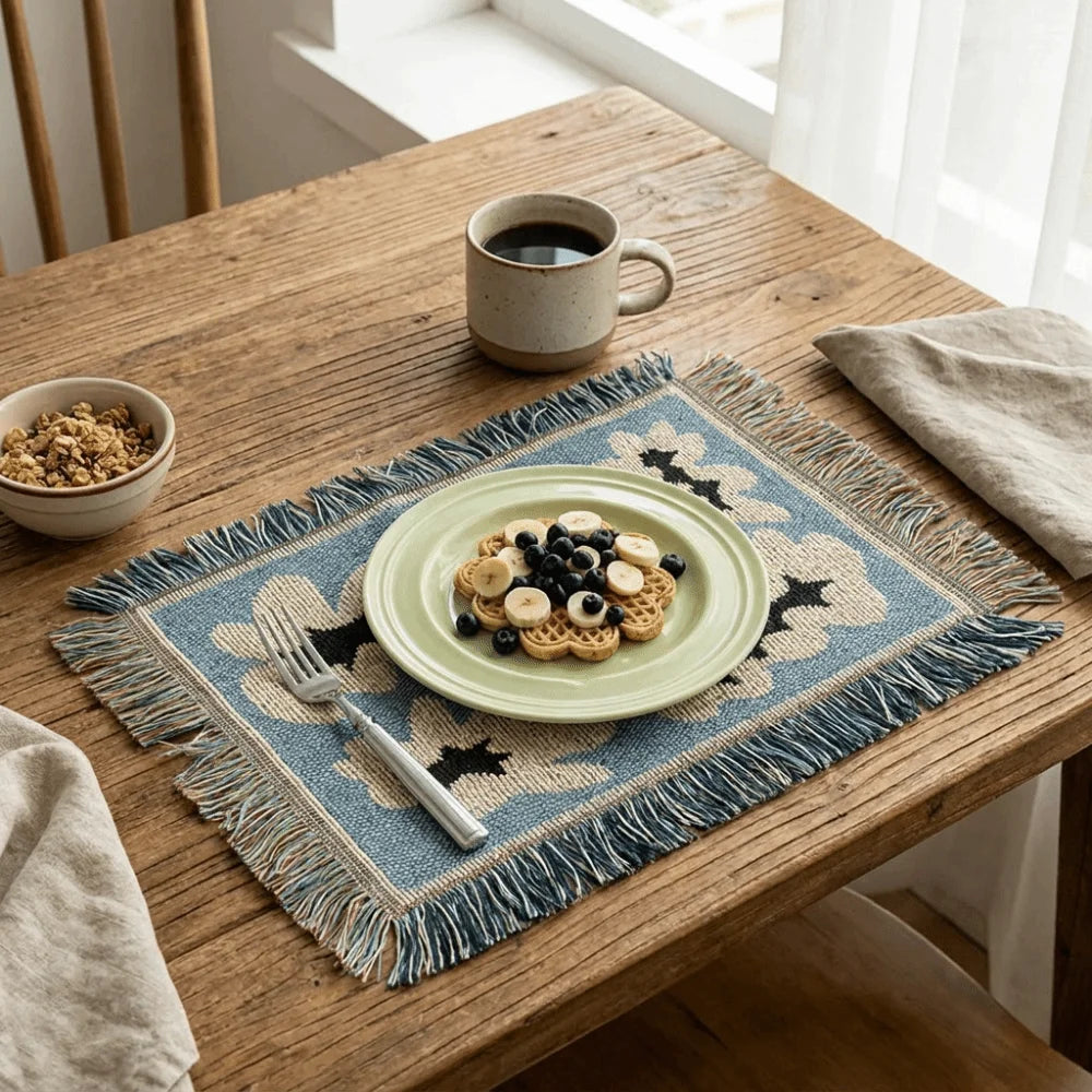 tapis table textile artisanal jaune noir blanc bleu tigre franges géométriques résistants