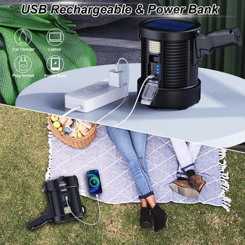 projecteur poche lumineux led rechargeable panneau solaire outdoor camping autodéfense banque alimentation resistant chocs