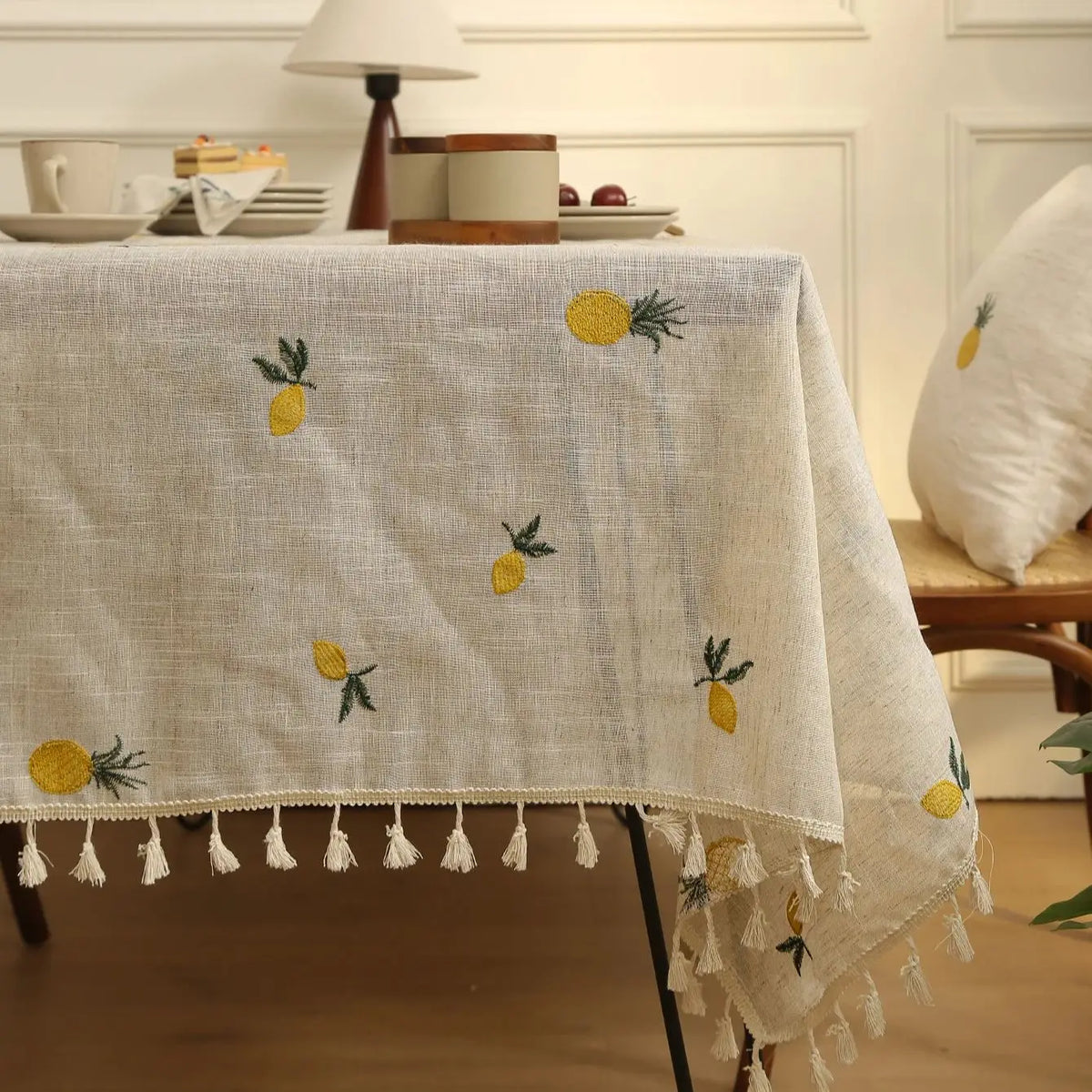 nappe table brodée citrons jaunes vertes rustique printemps été linen polyester réutilisable maison festives