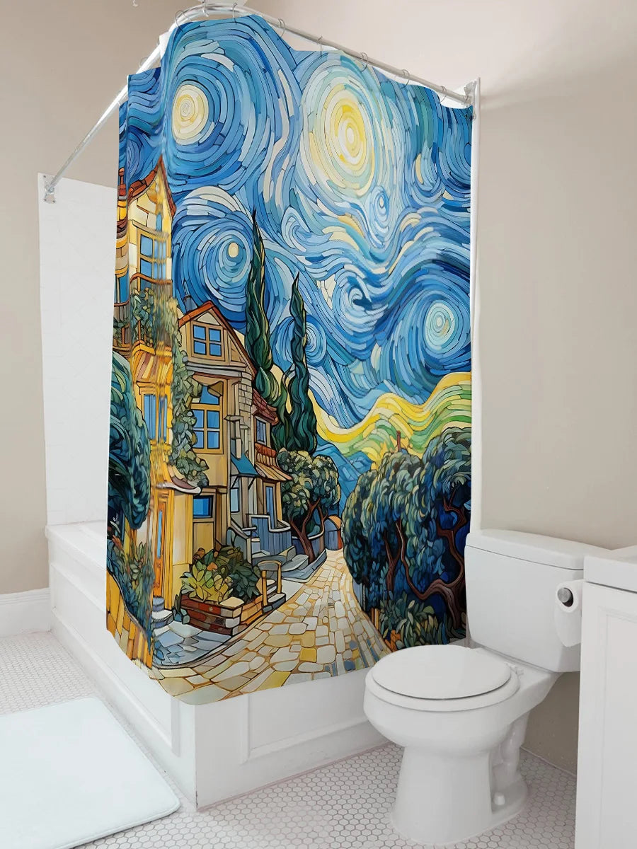 rideau douche van gogh village nuit étoile bleu jaune impressioniste classique polyester durable