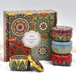 bougies parfumées boho chic motifs floraux violet blanc bleu rouge jaune pack pièces