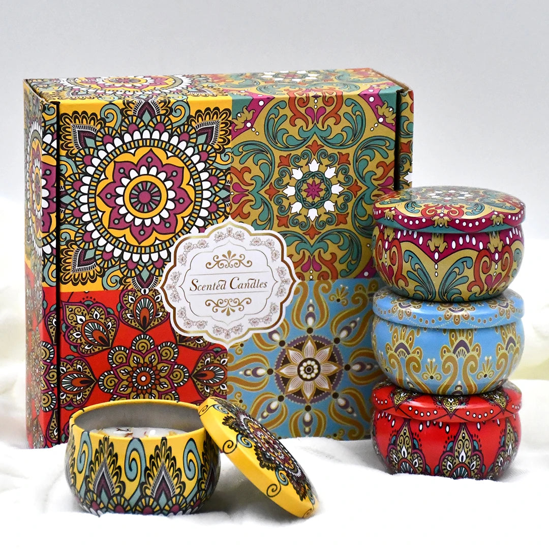 bougies parfumées boho chic motifs floraux violet blanc bleu rouge jaune pack pièces