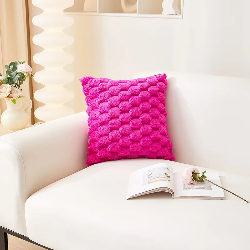 coussin décoratif peluche blanc motif boules doux canapé lit chaise maison