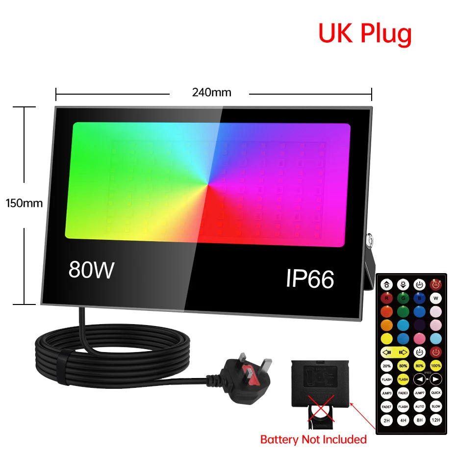 projecteur led rgb ip66 étanche extérieur télécommande réglage luminosité noir moderne