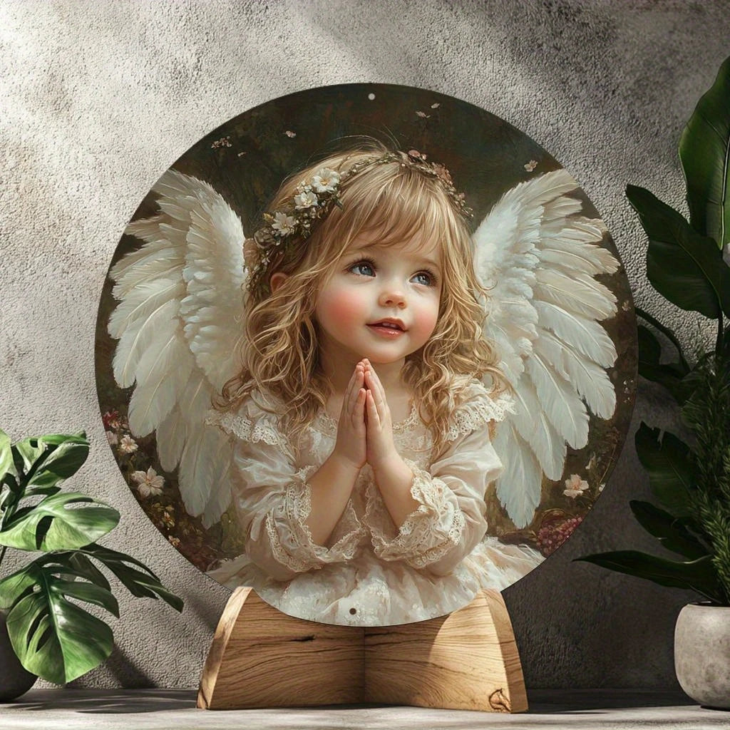 cadre mural classique ange petite fille couronne fleurs vêtements délicats bois beige romantiqueintérieur décoration