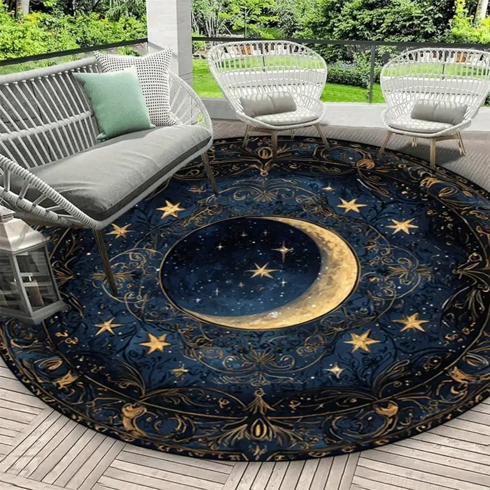 tapis rond bleu nuit étoiles lune art déco polyester lavable salon chambre entrée