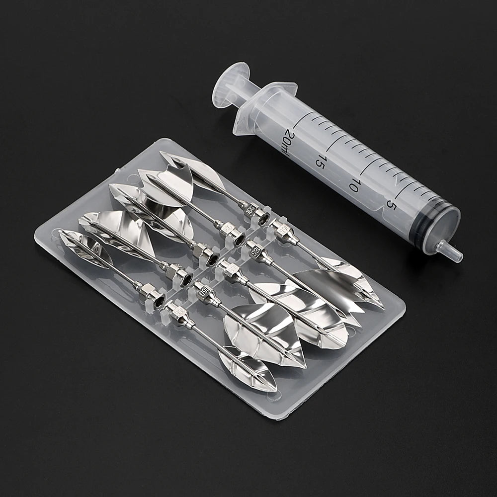 outils décorateurs desserts seringue feuilles plastique transparent graduations embouts métal argenté fleurs gelée