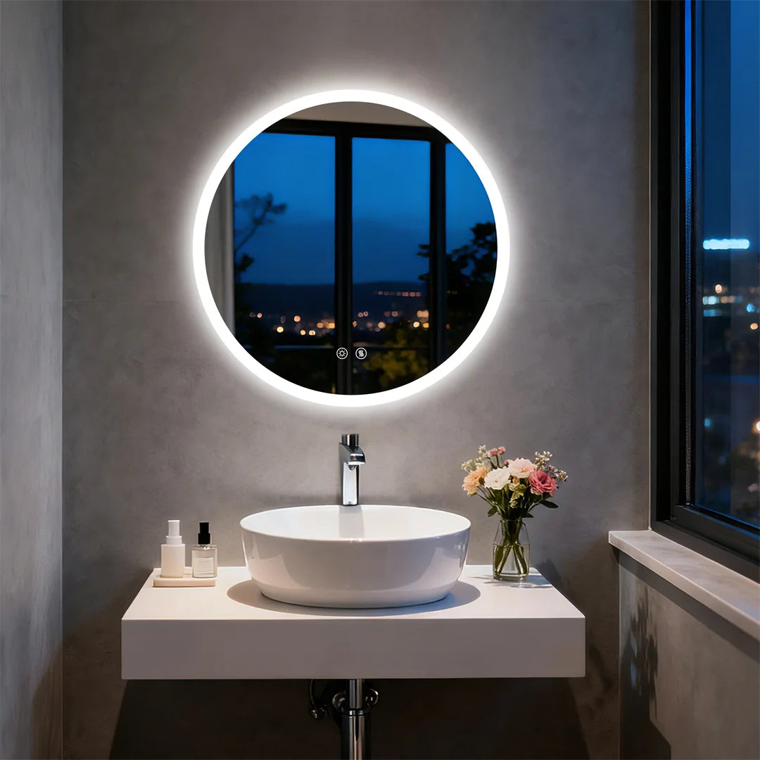 miroir rond lumineux moderne blanc fixation murale sans cadre éclairé antibuée