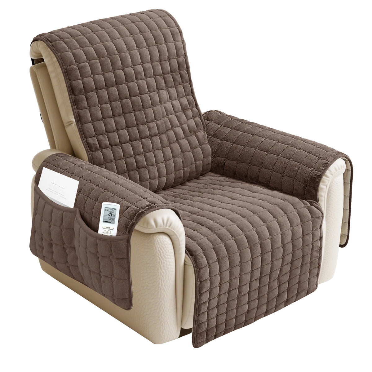 housse fauteuil inclinable noir beige quilté moderne boucles métalliques poche polyestère nettoyage sec automne