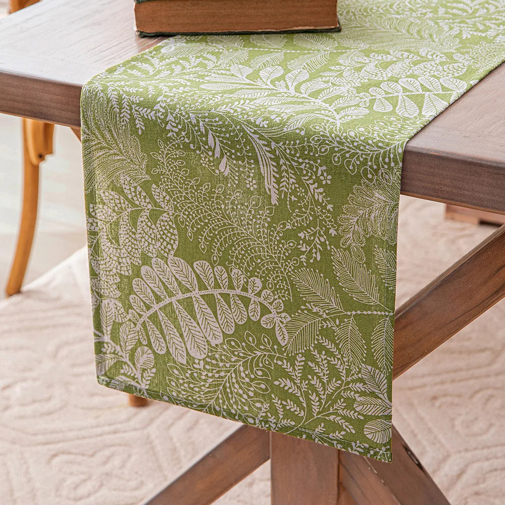 chemin table vert olive feuilles stylisées tassels blancs décoration printemps été automne hiver polyester