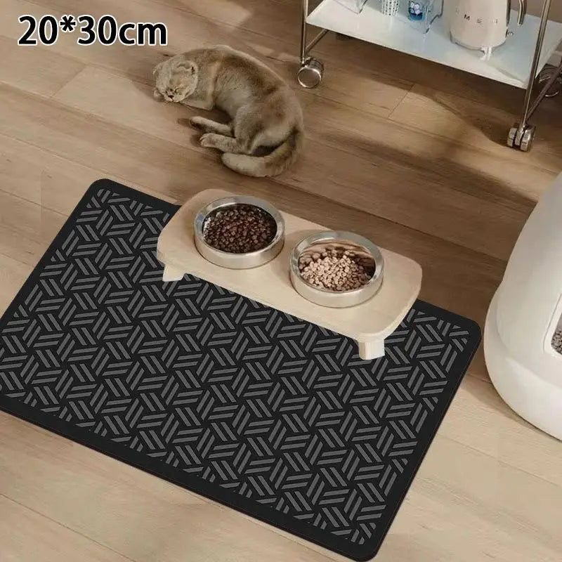 tapis nourrir animal blanc gris motif géométrique moderne anti dérapant deux bols métal
