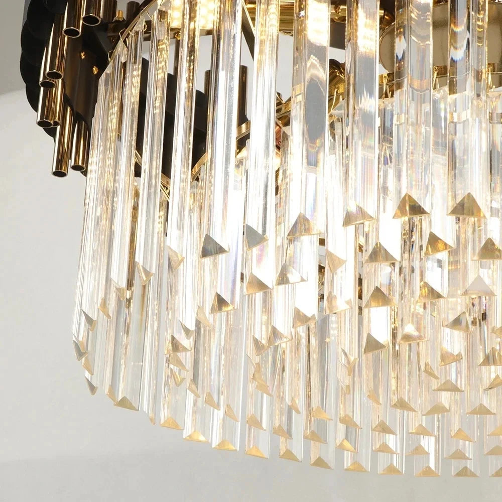 lustre contemporain noir doré cristal suspension salon élégante barres verticales pendants transparents