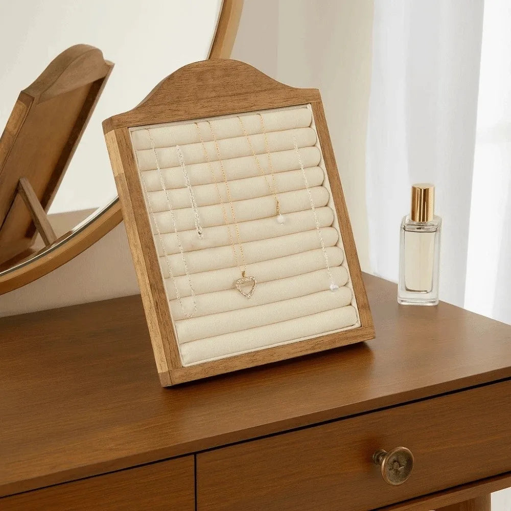 porte bijoux bois foncé classique pieds pliants grilles bijoux rangement organisation earrings rings trưng