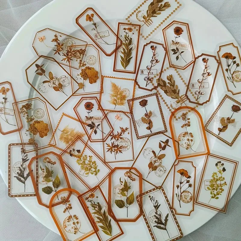 étiquettes décoratives vintage fleurs feuilles motifs floraux adhésives orange vert rose blanc