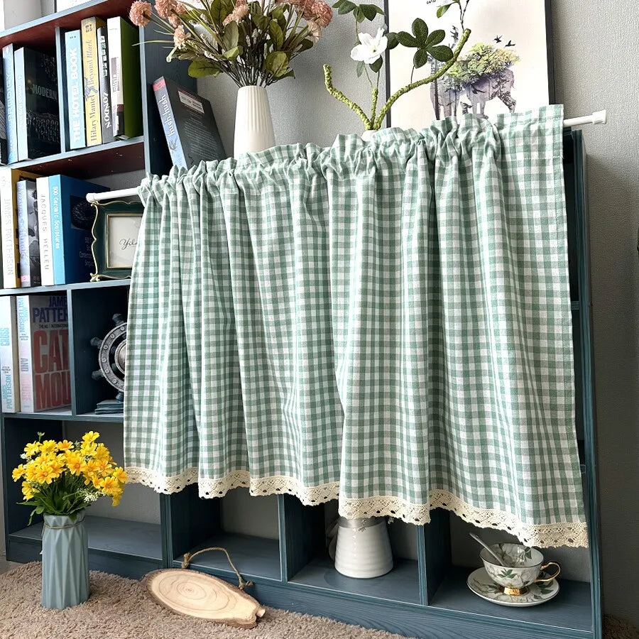 rideau vert carreaux dentelle fenêtre rustique vintage chambre opacité moyenne tringle