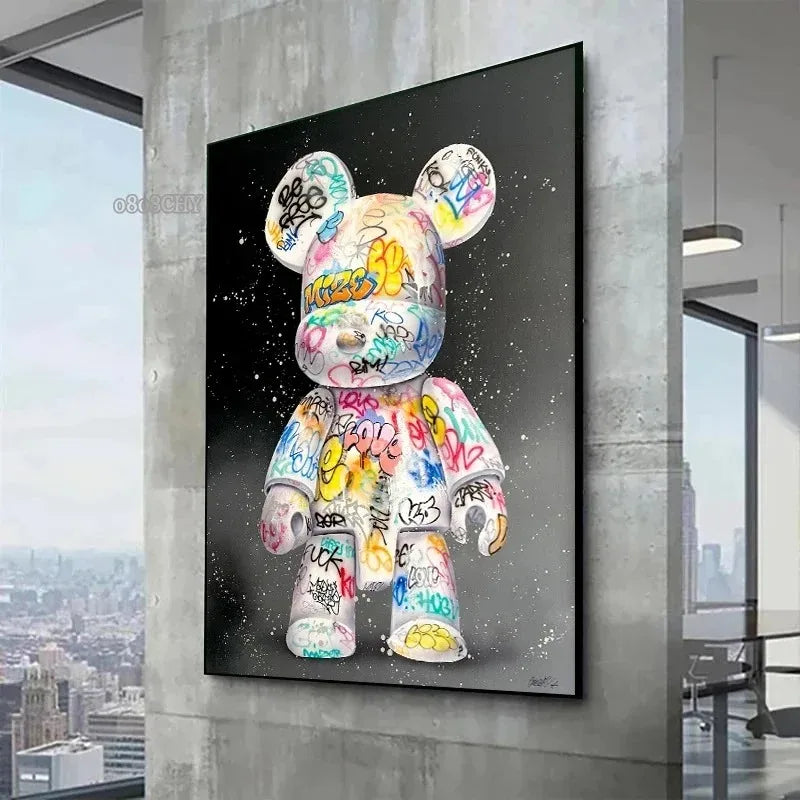 affiche moderne graffiti ours kawaii street art multicolore toile imprimée chambre decoration