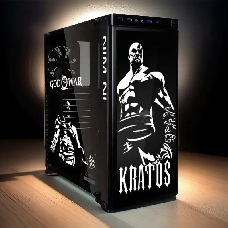 autocollants kratos graphique pvc noir blanc décalcomanie boitier pc transparent fenetre