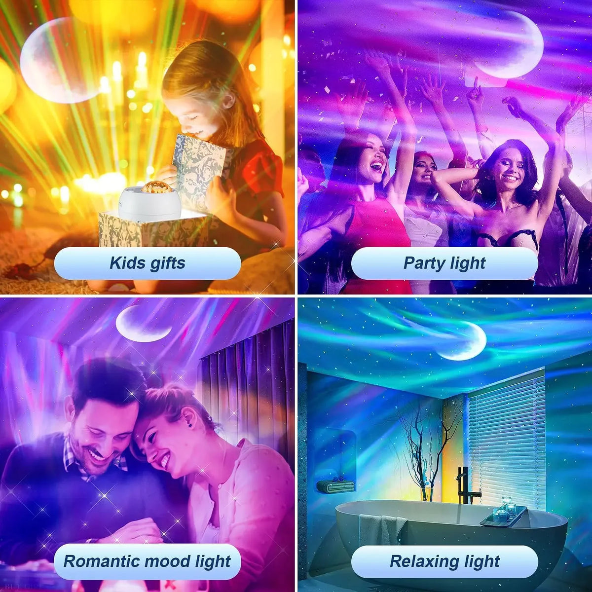 Lampe d'ambiance aurore boréale dans une chambre décorée