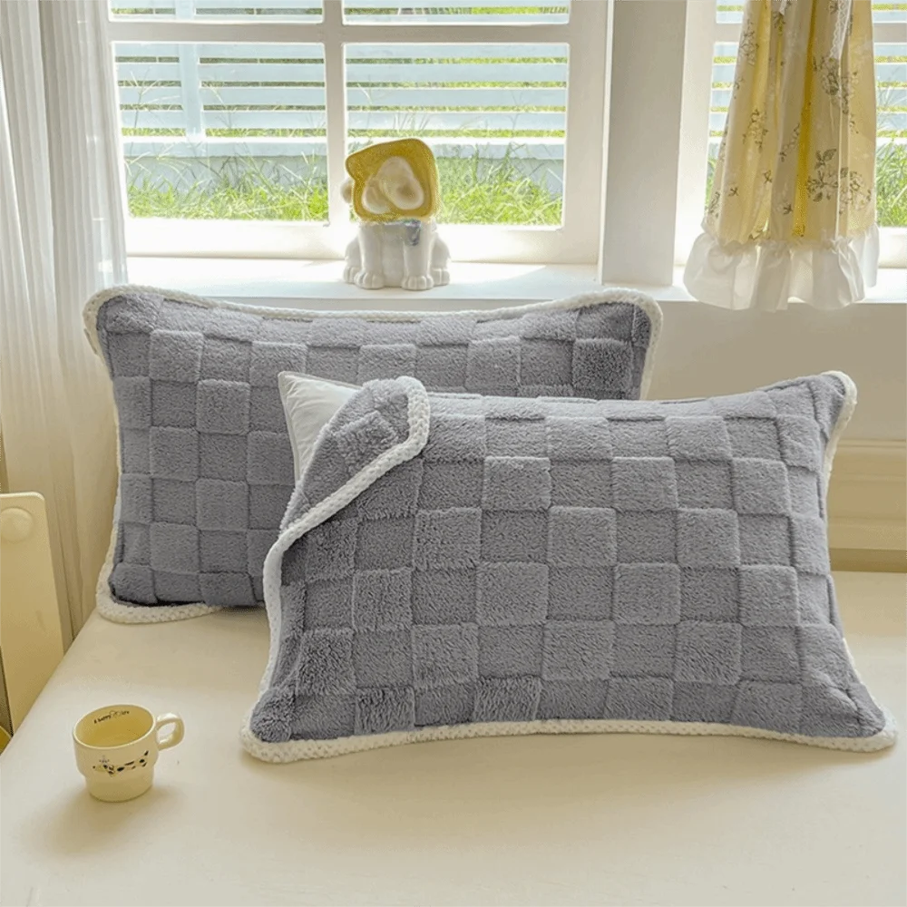 taies d'oreiller coton polyester motif carrés modernes vert gris rose opaques fixés coussin protection