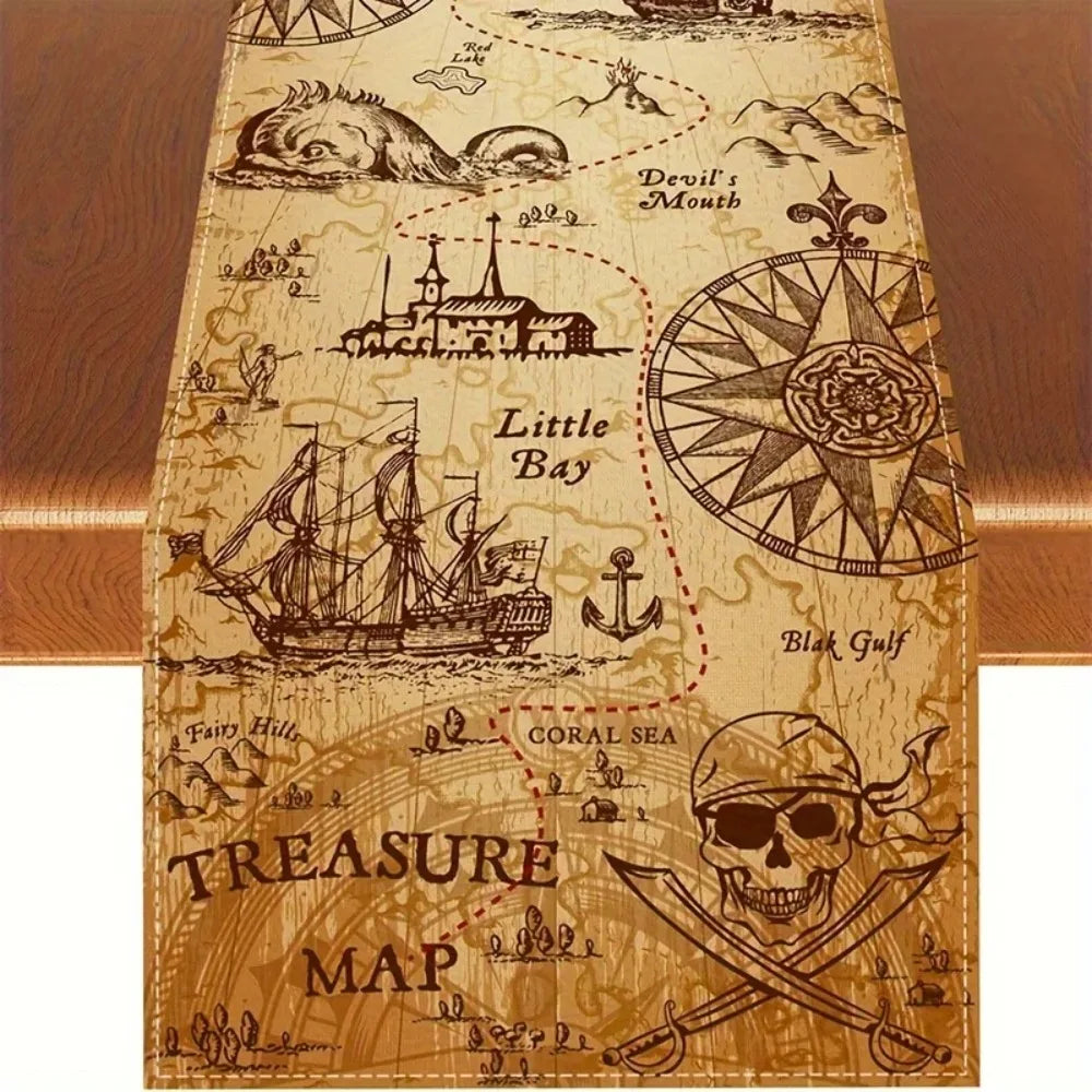 nappe décorative pirate motifs cartes trésor fleurs tournesol citrouilles automnale rustique