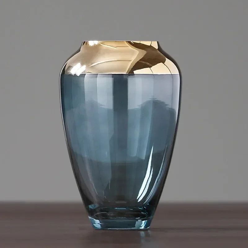 vase transparent moderne fleurs artificielles bleu doré élégant bouche vase 10cm largeur 16cm hauteur