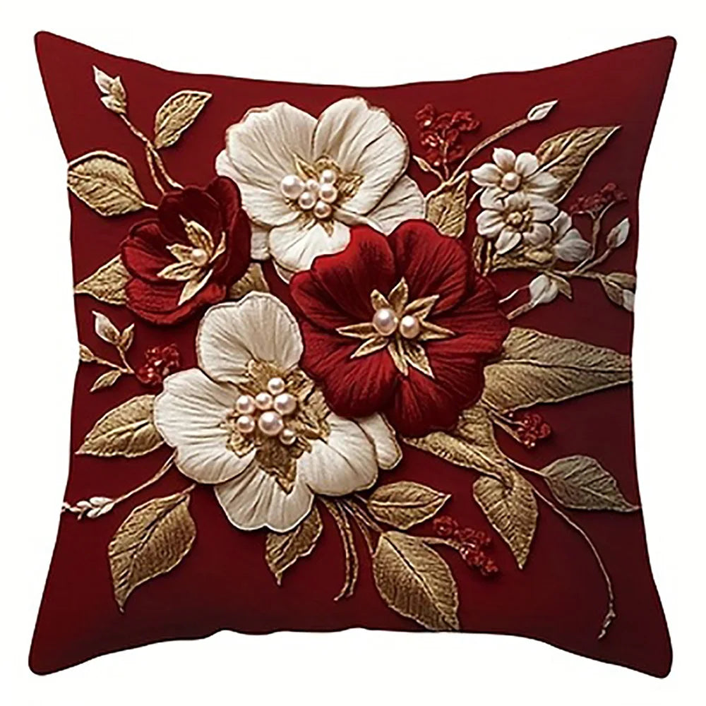 taies d'oreiller décoratives motif floral rouge bordeaux coussins carrés polyester 45x45cm décoration maison hospitalière