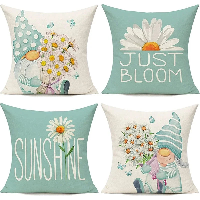 taies d'oreiller décoratives gnome fleurs blanc jaune cartoon motif floral non toxique respectueux environnement
