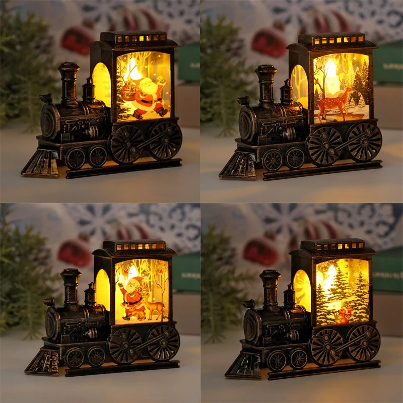 lampe décorative vintage locomotive noire personnages noël arbre flocons đèn trang trí