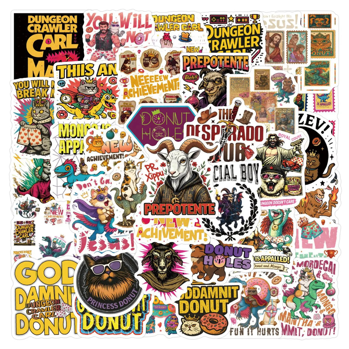 stickers multicolores graphiques humoristiques pop art adhésifs variés illustrations citations logos animaux objetos 14ans+