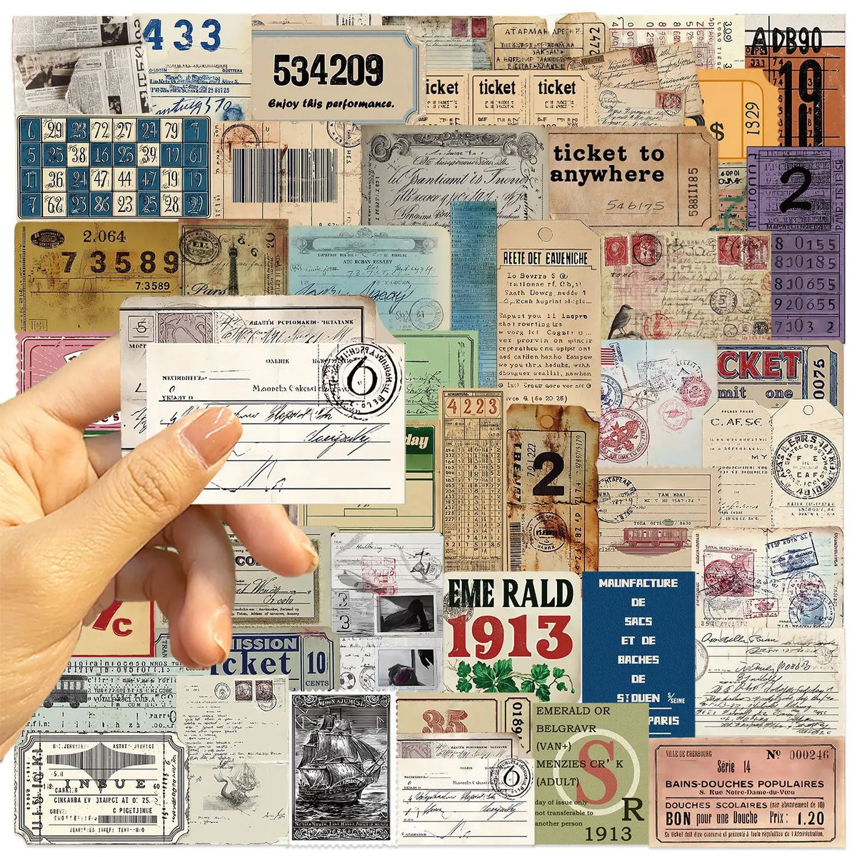 tickets vintage rétro collection ancien collage opacité beige marron bleu vert rouge noir blanc